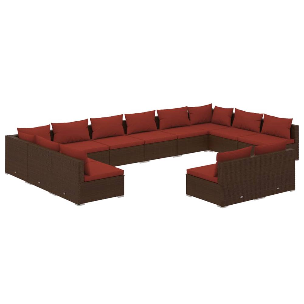 vidaXL 12 Piece Patio Lounge Set with Cushions Brown Poly Rattan, 3102139. Picture 2