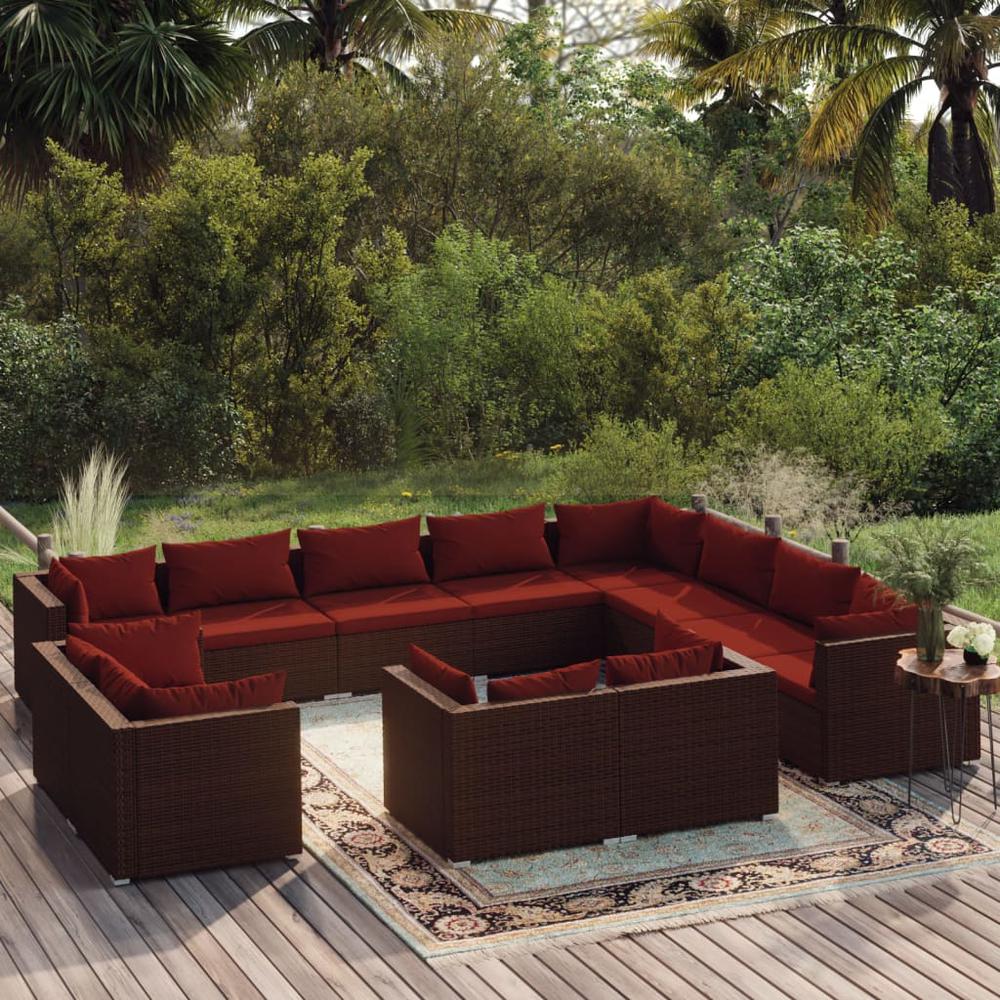 vidaXL 12 Piece Patio Lounge Set with Cushions Brown Poly Rattan, 3102891. Picture 1