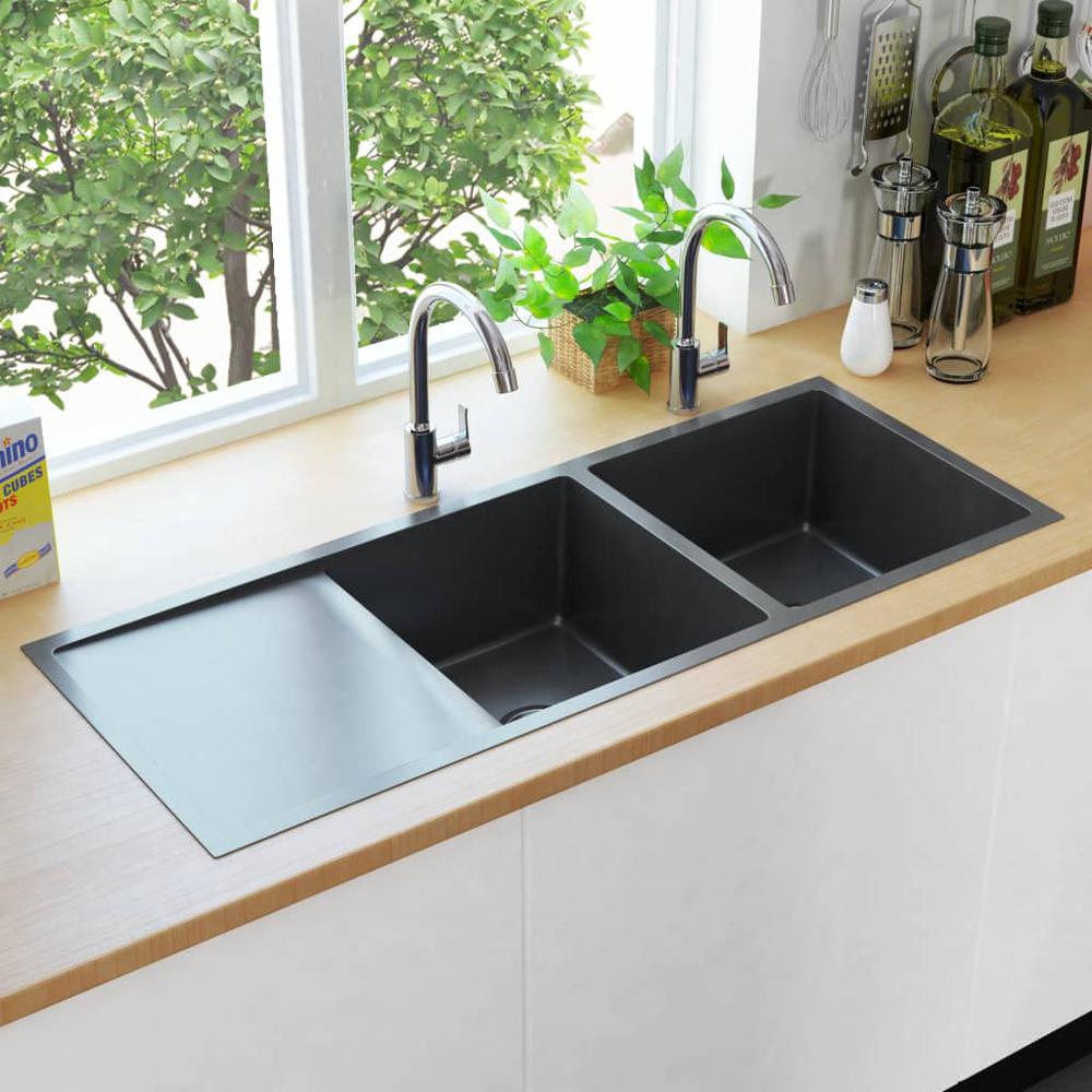 vidaXL Handmade Kitchen Sink with Strainer Black Stainless Steel, 145087. Picture 3