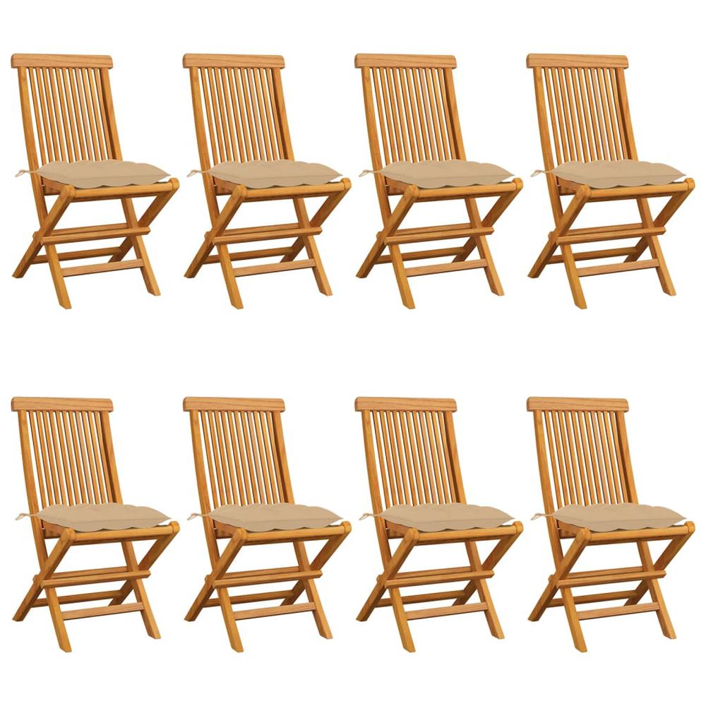 vidaXL Patio Chairs with Beige Cushions 8 pcs Solid Teak Wood, 3072935. Picture 1