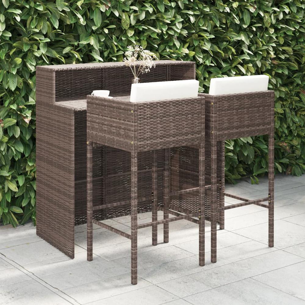 vidaXL 3 Piece Patio Bar Set with Cushions Poly Rattan Brown, 3094806. Picture 1