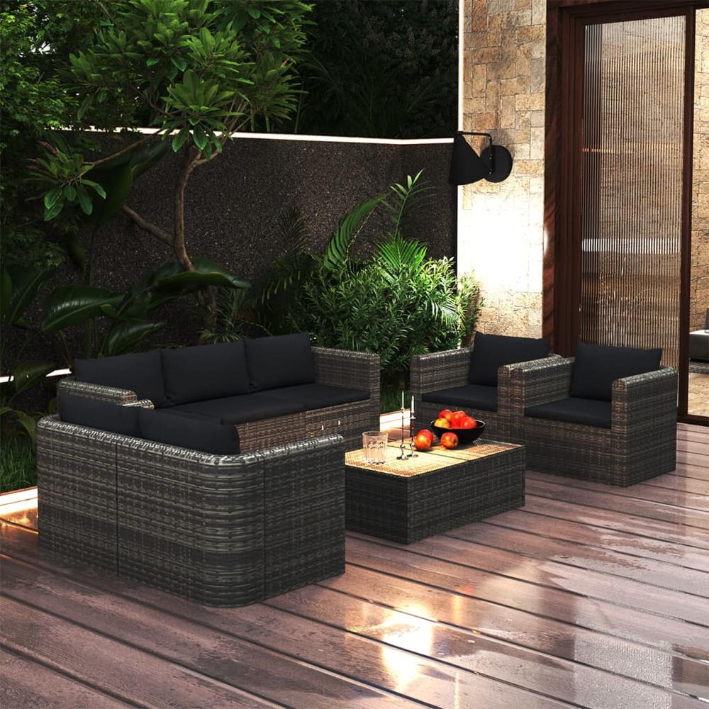 vidaXL 8 Piece Patio Lounge Set with Cushions Poly Rattan Gray, 3059490. Picture 1