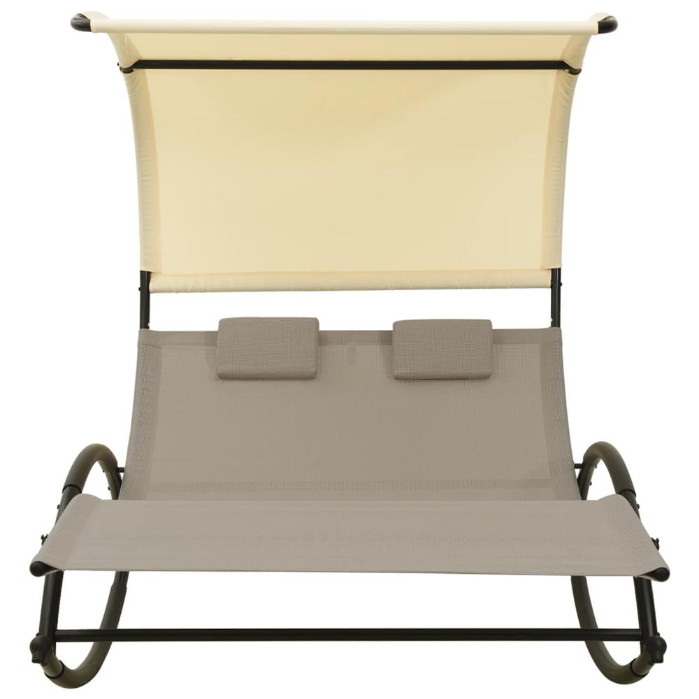 vidaXL Double Sun Lounger with Canopy Textilene Taupe and Cream. Picture 2