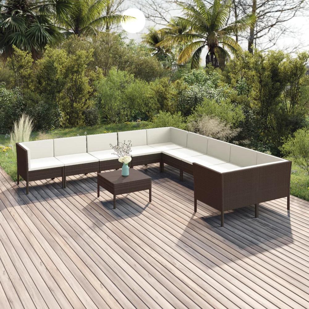 vidaXL 11 Piece Patio Lounge Set with Cushions Poly Rattan Brown, 3094495. Picture 1
