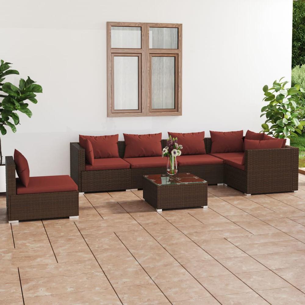 vidaXL 7 Piece Patio Lounge Set with Cushions Poly Rattan Brown, 3102331. Picture 1