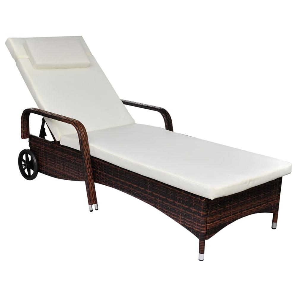 vidaXL Sun Lounger with Cushion & Wheels Poly Rattan Brown, 42476. Picture 1