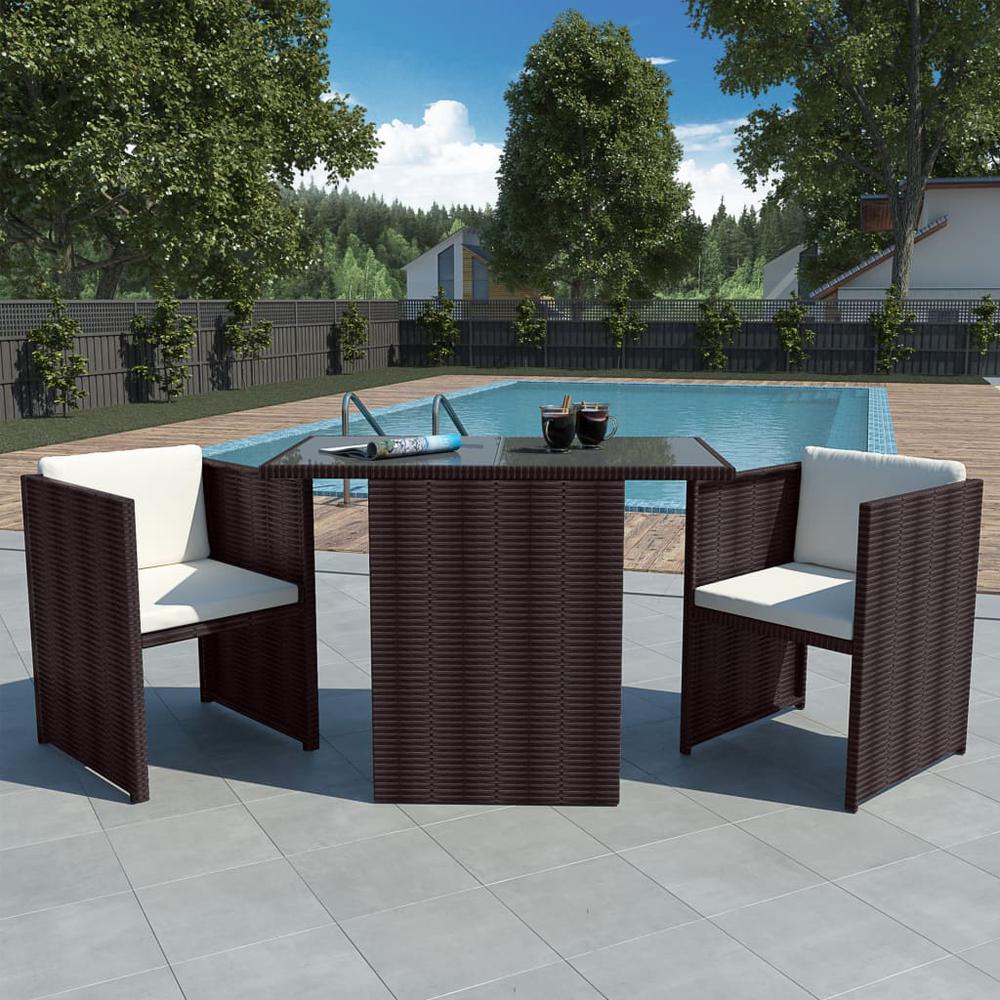 vidaXL 3 Piece Bistro Set with Cushions Poly Rattan Brown, 42485. Picture 1
