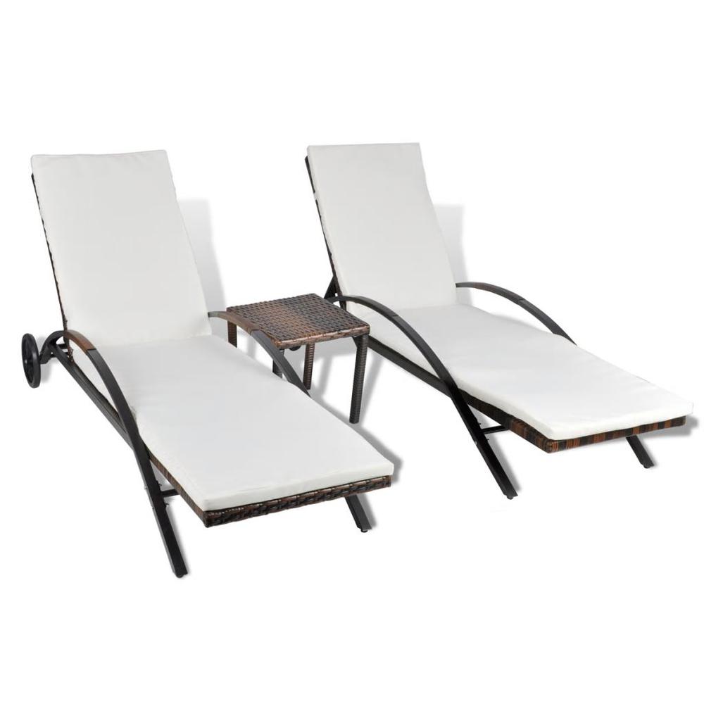 vidaXL Sun Loungers with Table Poly Rattan Brown. Picture 1