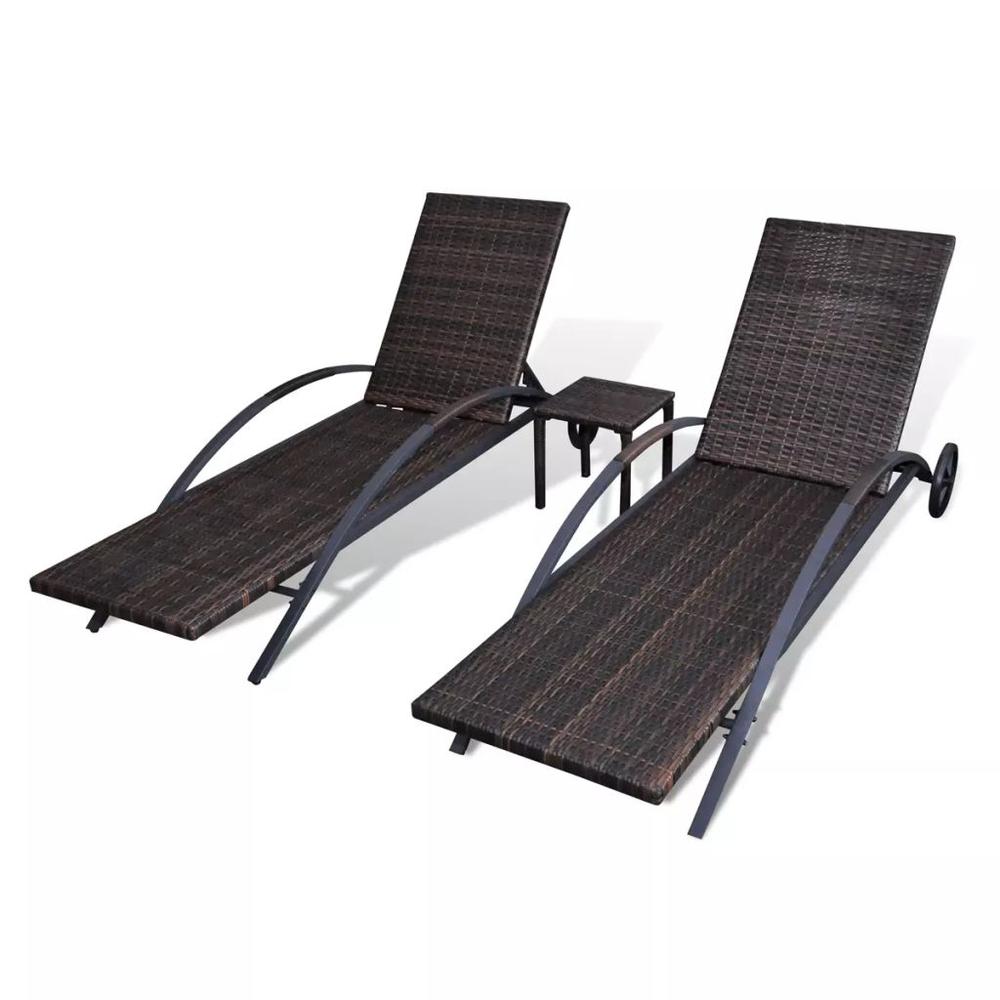 vidaXL Sun Loungers with Table Poly Rattan Brown. Picture 5