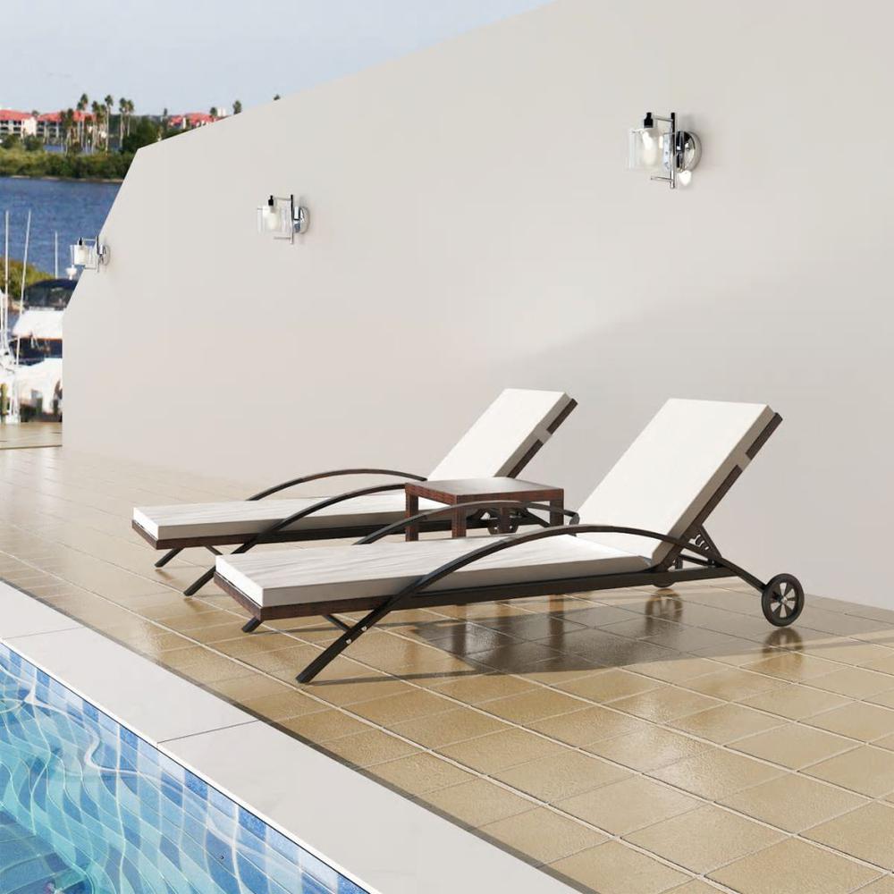 vidaXL Sun Loungers with Table Poly Rattan Brown. Picture 7