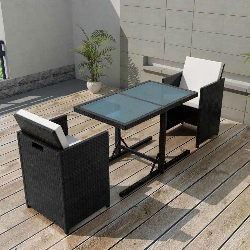 vidaXL 3 Piece Bistro Set with Cushions Poly Rattan Black, 42539. Picture 1