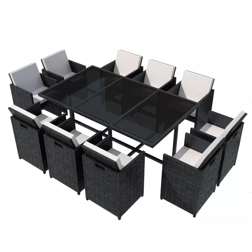 vidaXL 11 Piece Outdoor Dining Set with Cushions Poly Rattan Black, 42547. Picture 2