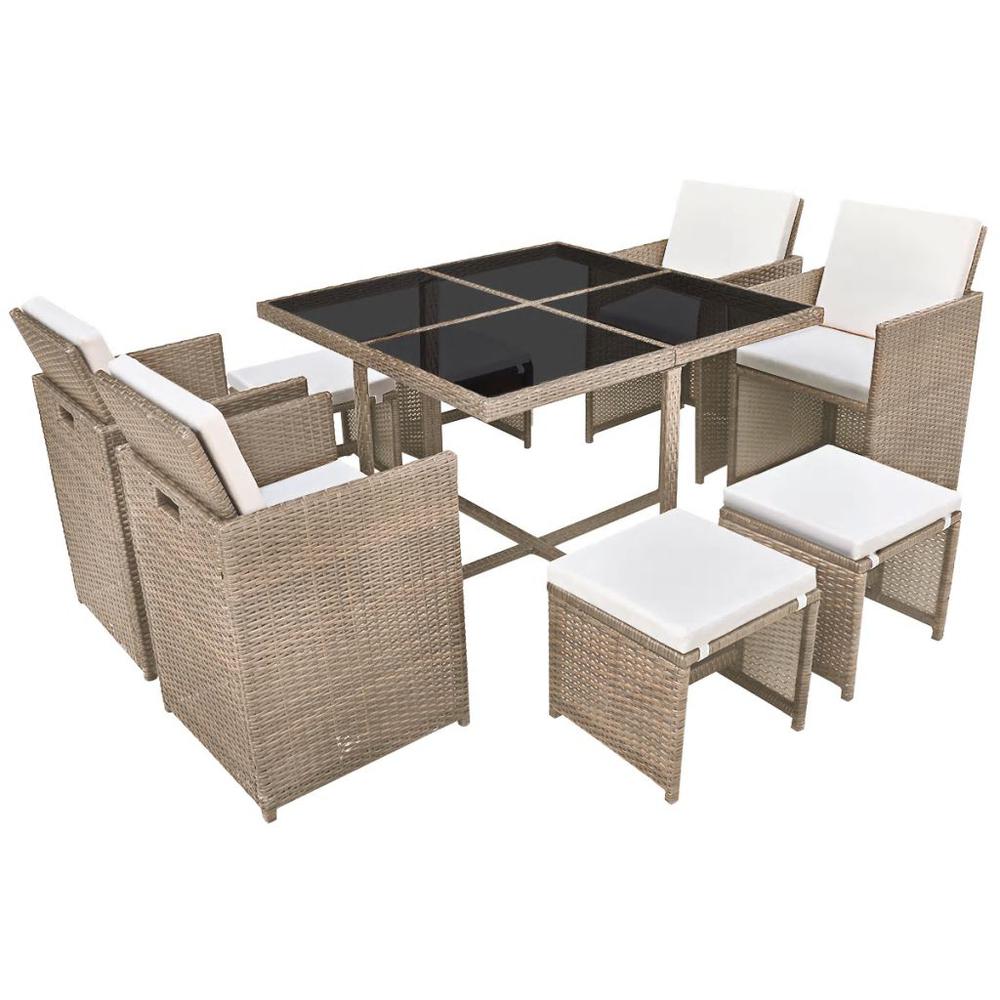 vidaXL 9 Piece Outdoor Dining Set with Cushions Poly Rattan Beige, 42556. Picture 2