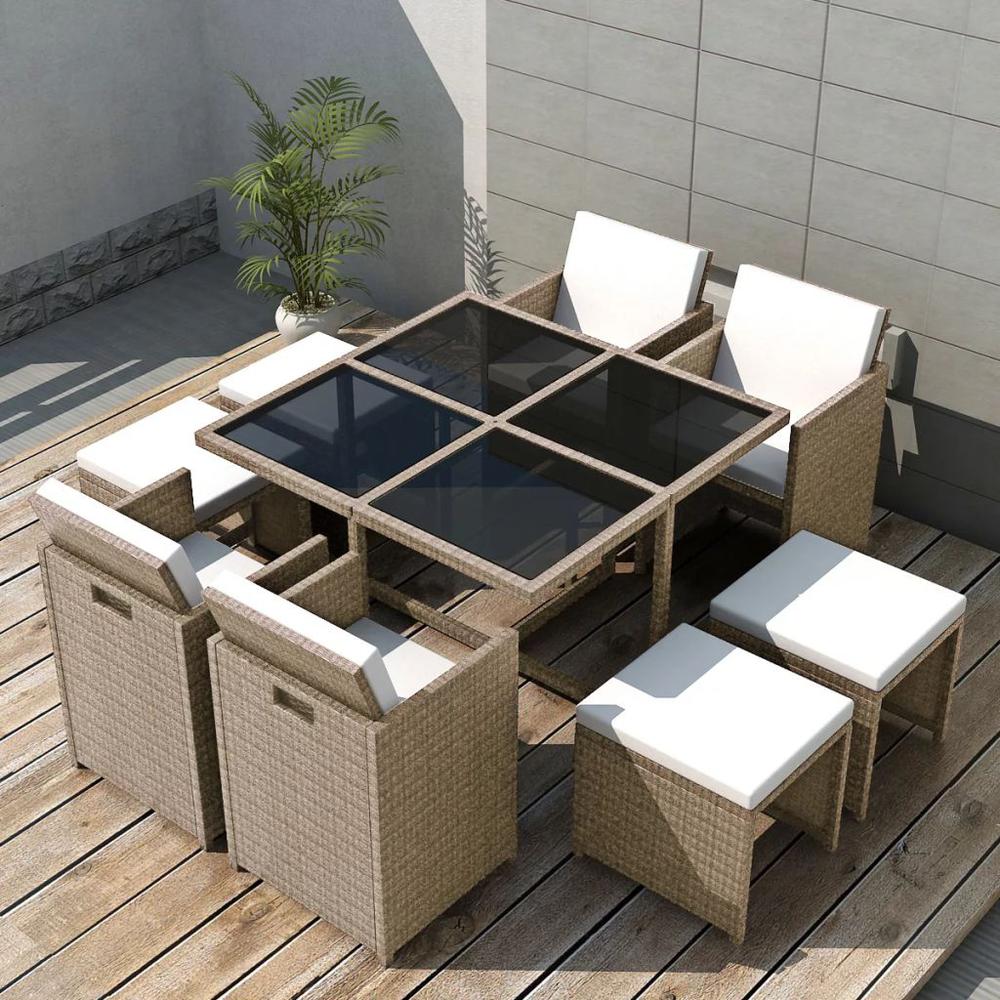 vidaXL 9 Piece Outdoor Dining Set with Cushions Poly Rattan Beige, 42556. Picture 1