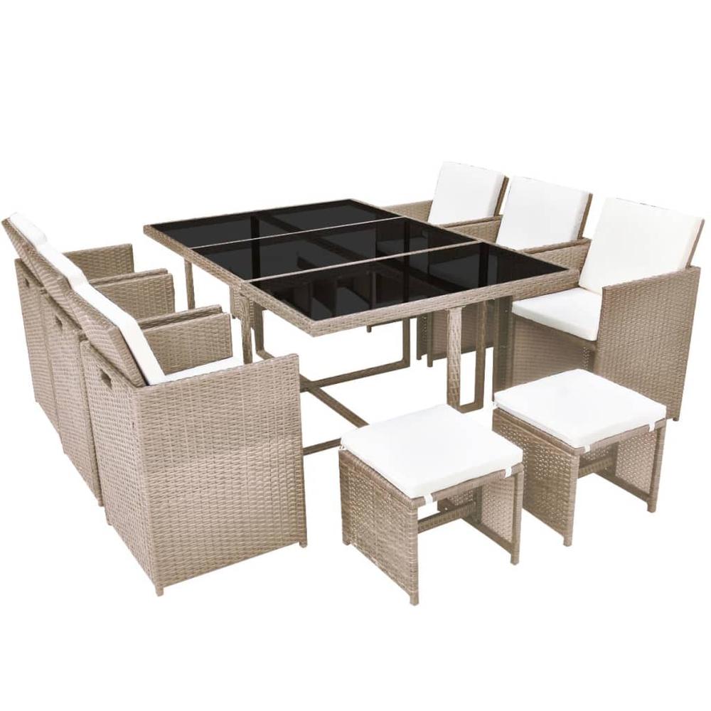 vidaXL 11 Piece Outdoor Dining Set with Cushions Poly Rattan Beige, 42557. Picture 1