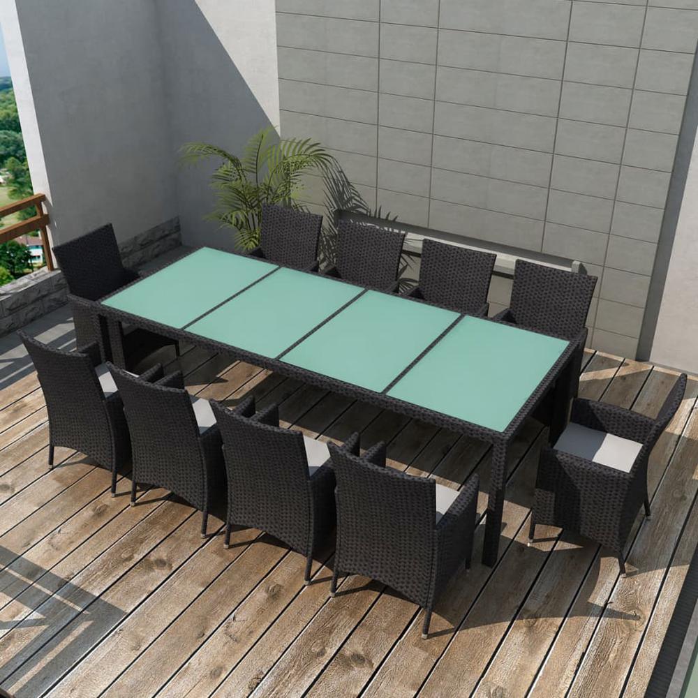 vidaXL 11 Piece Outdoor Dining Set with Cushions Poly Rattan Black, 42570. Picture 1