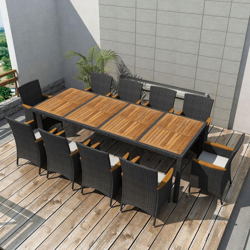 11 Piece Patio Dining Set with Cushions Poly Rattan Black. Picture 7