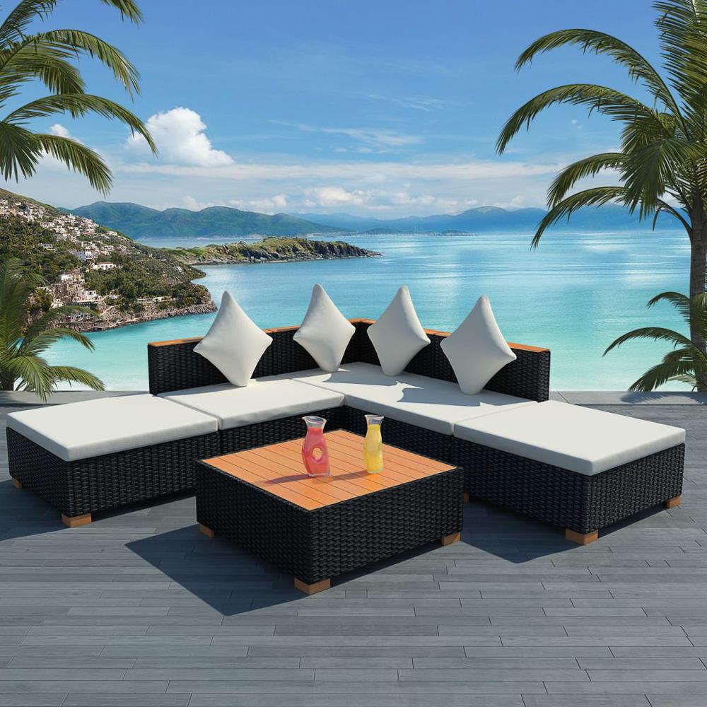 vidaXL 6 Piece Garden Lounge Set with Cushions Poly Rattan Black, 42755. Picture 1