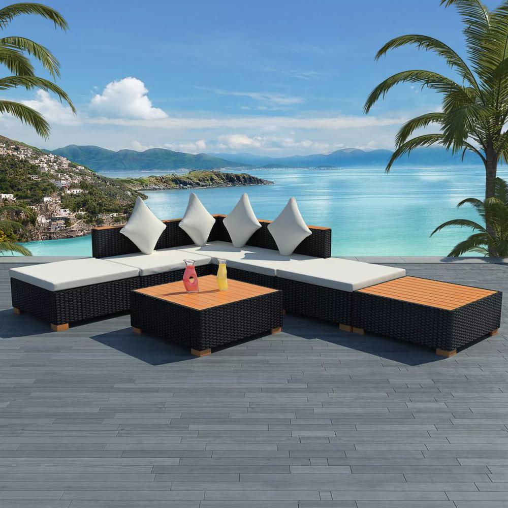 vidaXL 7 Piece Garden Lounge Set with Cushions Poly Rattan Black, 42757. Picture 1