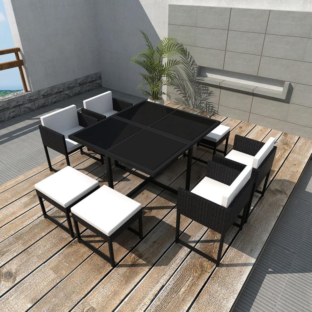 vidaXL 9 Piece Outdoor Dining Set with Cushions Poly Rattan Black, 42759. Picture 1
