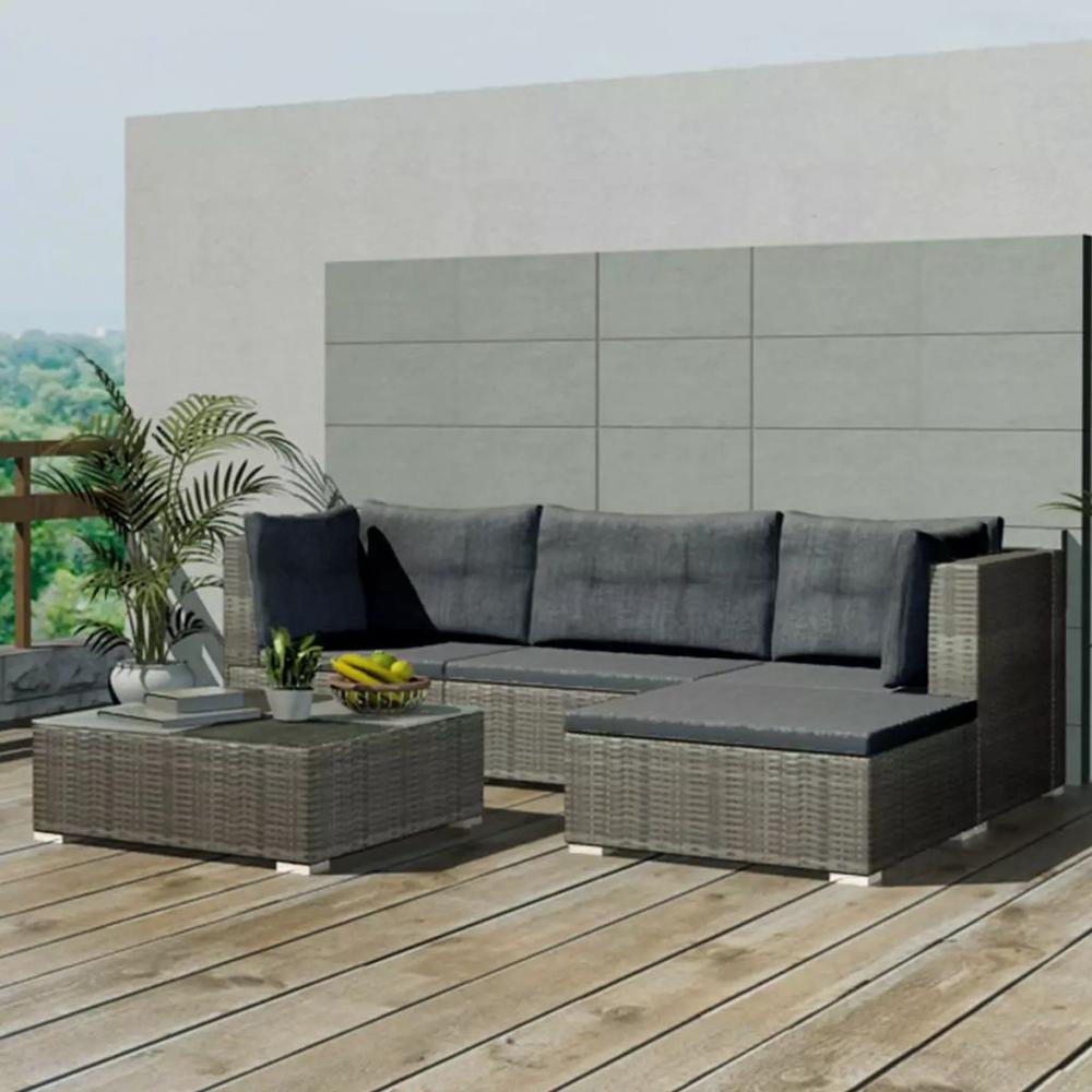 vidaXL 5 Piece Garden Lounge Set with Cushions Poly Rattan Gray, 42835. Picture 1