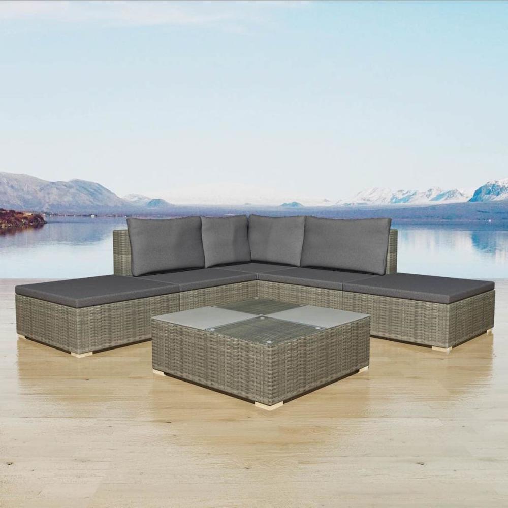 vidaXL 6 Piece Garden Lounge Set with Cushions Poly Rattan Gray, 42836. Picture 1