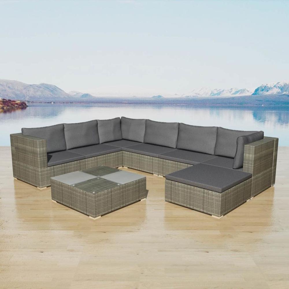 vidaXL 8 Piece Garden Lounge Set with Cushions Poly Rattan Gray, 42837. Picture 1