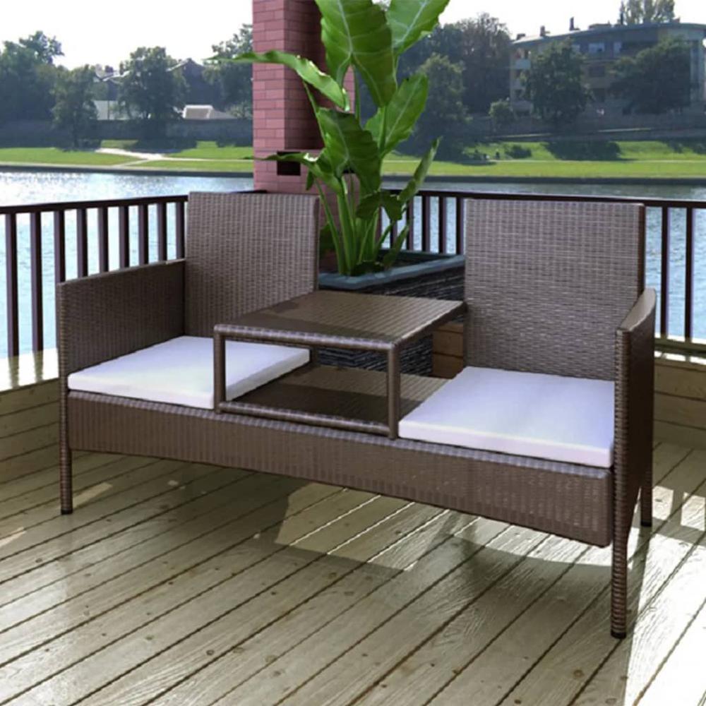 vidaXL 2-Seater Garden Sofa with Tea Table Poly Rattan Brown, 42843. Picture 1