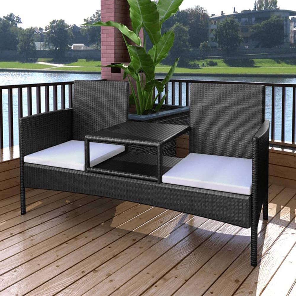 vidaXL 2-Seater Garden Sofa with Tea Table Poly Rattan Black, 42844. Picture 1