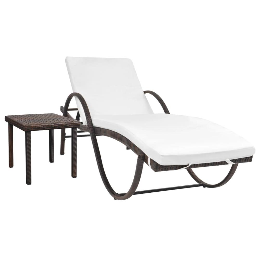 vidaXL Sun Lounger with Cushion & Table Poly Rattan Brown, 42885. Picture 1