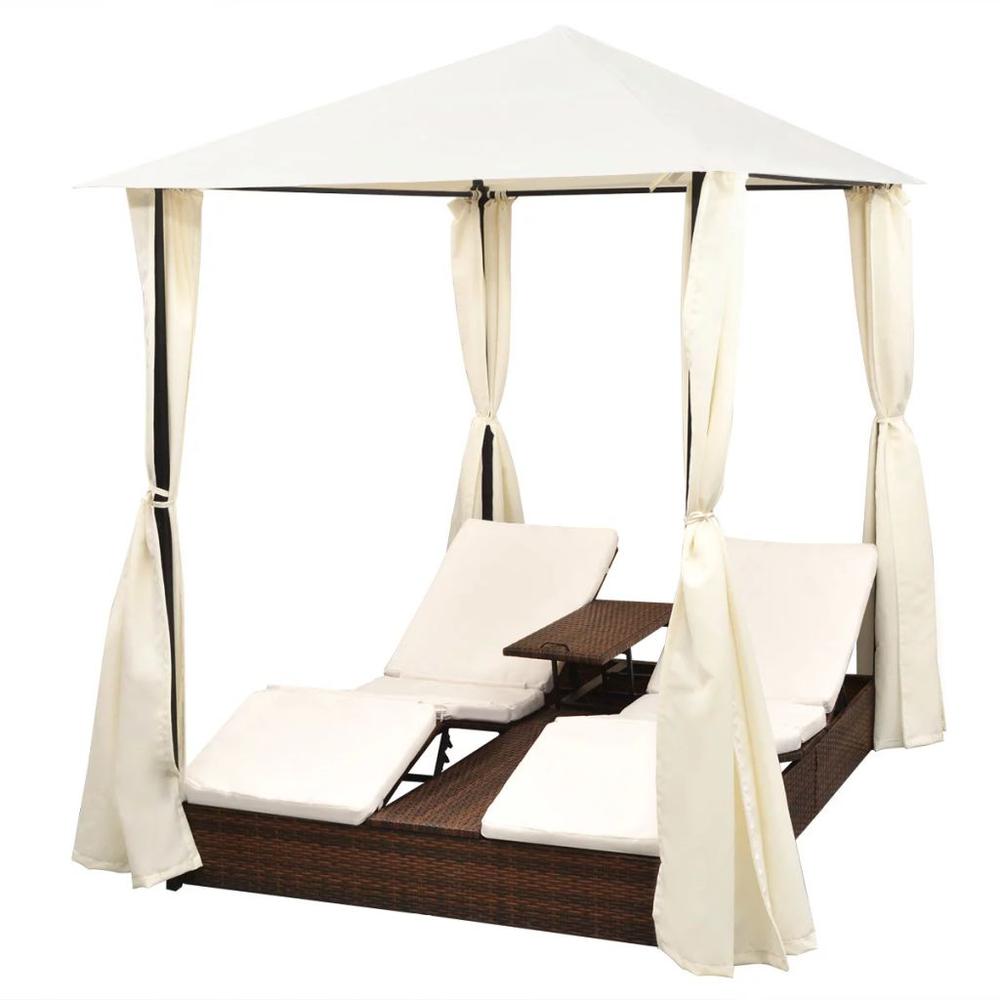 vidaXL Double Sun Lounger with Curtains Poly Rattan Brown, 42890. Picture 1