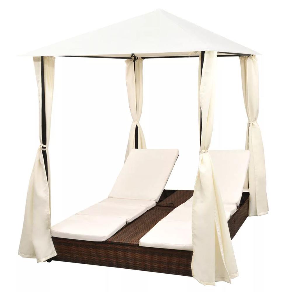 vidaXL Double Sun Lounger with Curtains Poly Rattan Brown, 42890. Picture 2