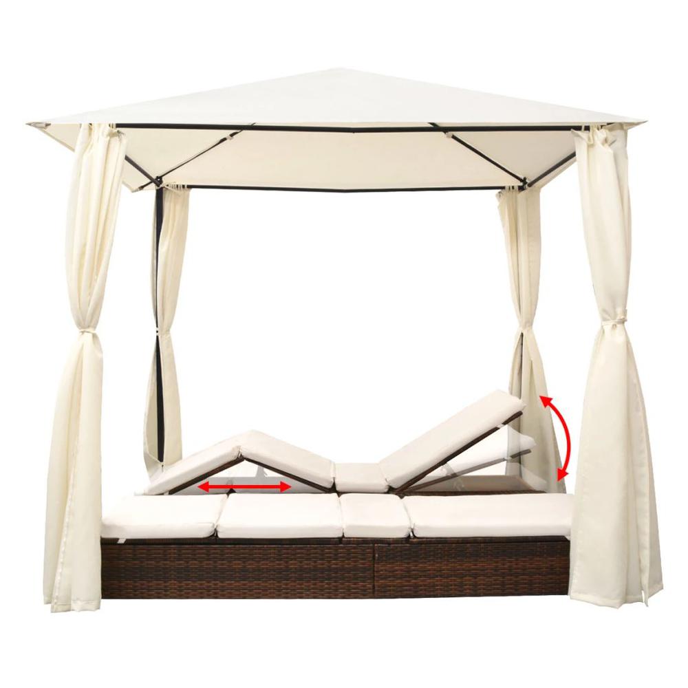 vidaXL Double Sun Lounger with Curtains Poly Rattan Brown, 42890. Picture 4