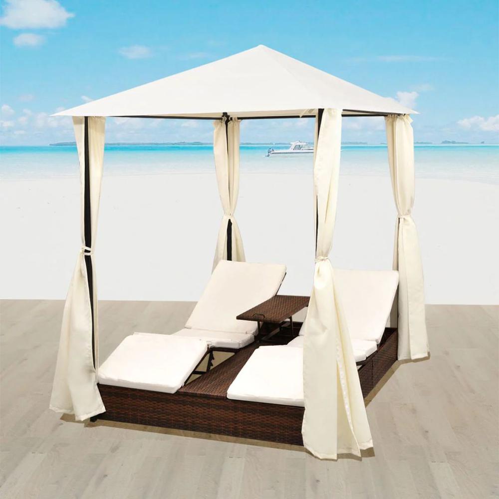 vidaXL Double Sun Lounger with Curtains Poly Rattan Brown, 42890. Picture 7