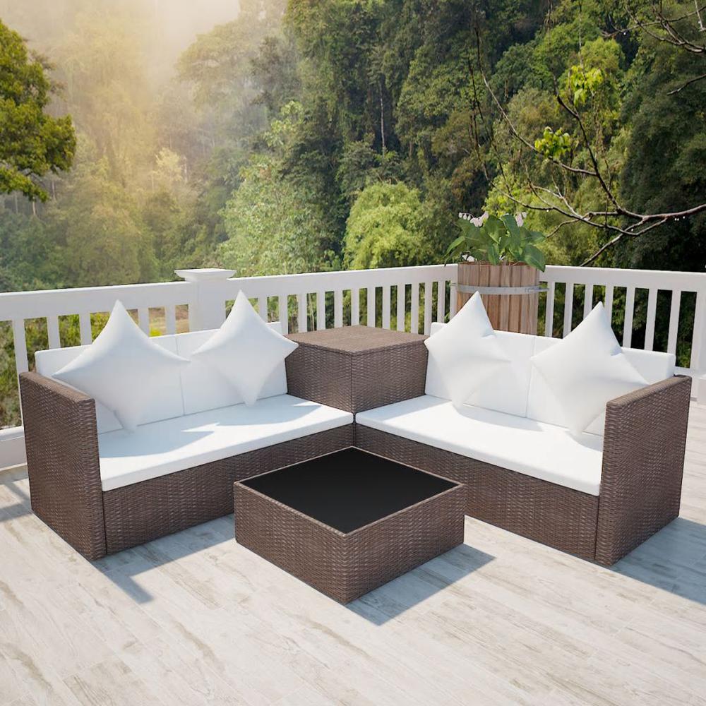vidaXL 4 Piece Garden Lounge Set with Cushions Poly Rattan Brown, 42892. Picture 1