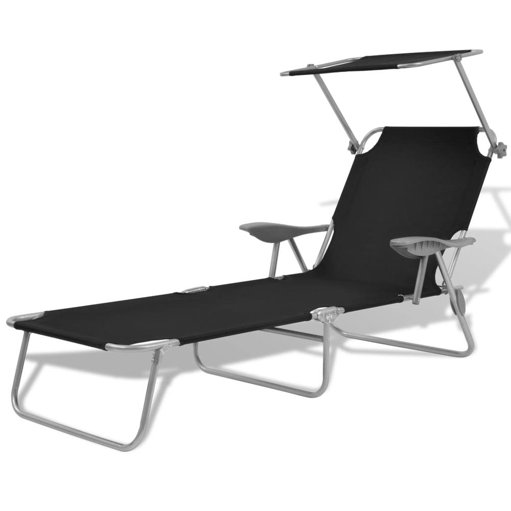 vidaXL Sun Lounger with Canopy Steel Black, 42932. Picture 1