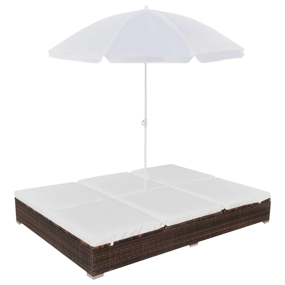 vidaXL Outdoor Lounge Bed with Umbrella Poly Rattan Brown, 42949. Picture 1