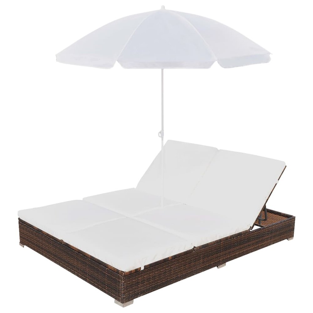 vidaXL Outdoor Lounge Bed with Umbrella Poly Rattan Brown, 42949. Picture 3