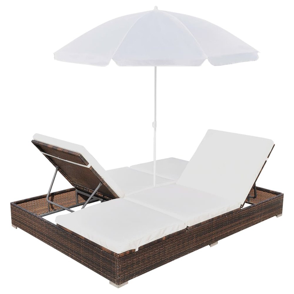 vidaXL Outdoor Lounge Bed with Umbrella Poly Rattan Brown, 42949. Picture 5