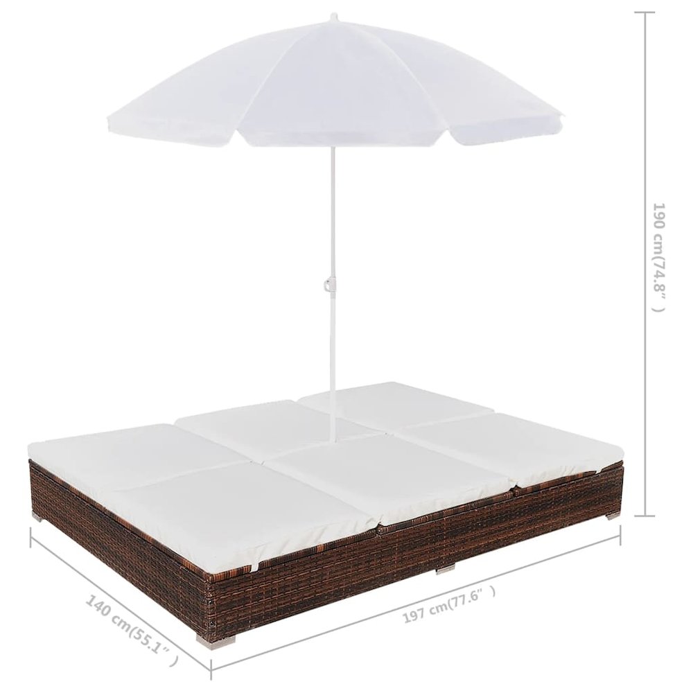 vidaXL Outdoor Lounge Bed with Umbrella Poly Rattan Brown, 42949. Picture 8