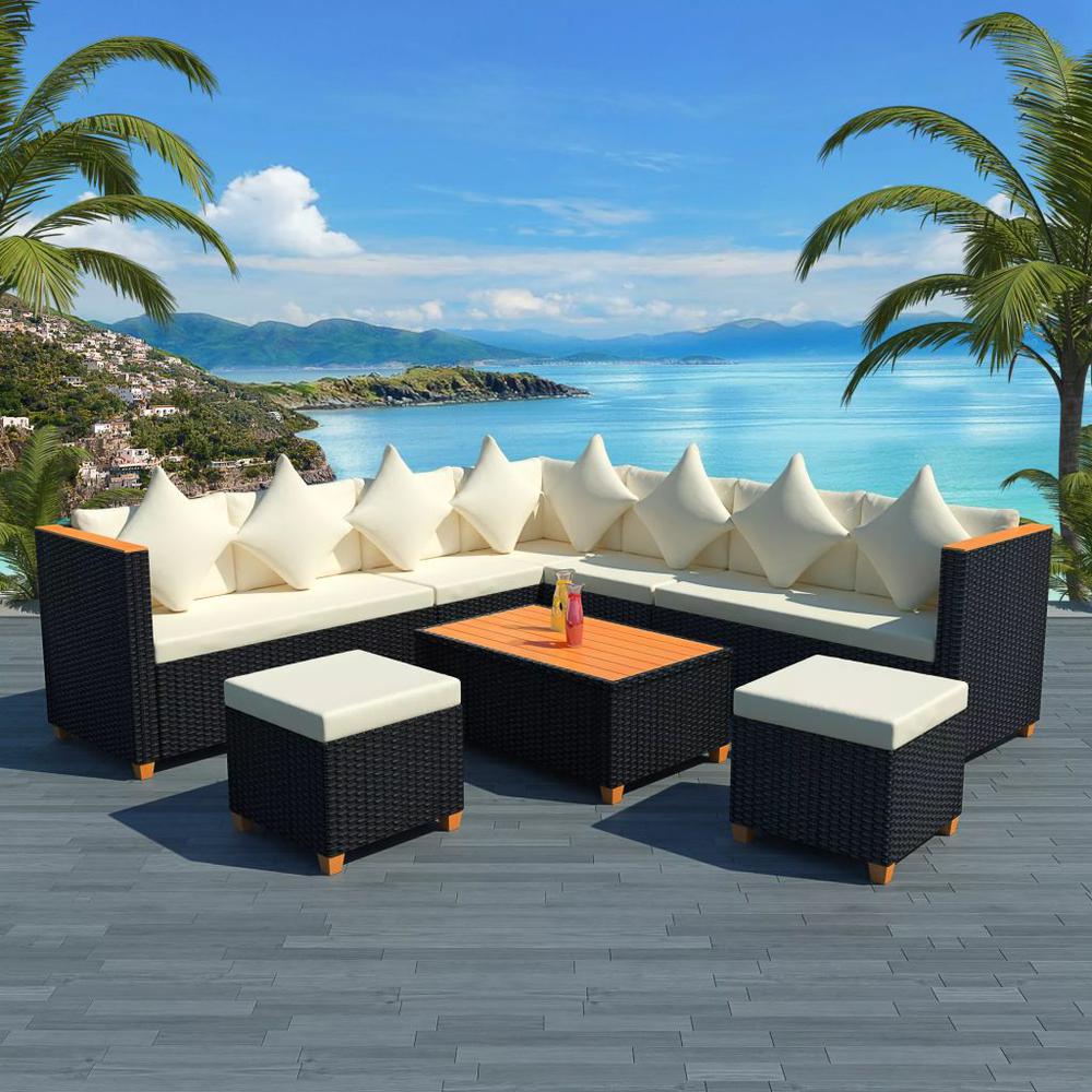 vidaXL 7 Piece Garden Lounge Set with Cushions Poly Rattan Black, 42999. Picture 1