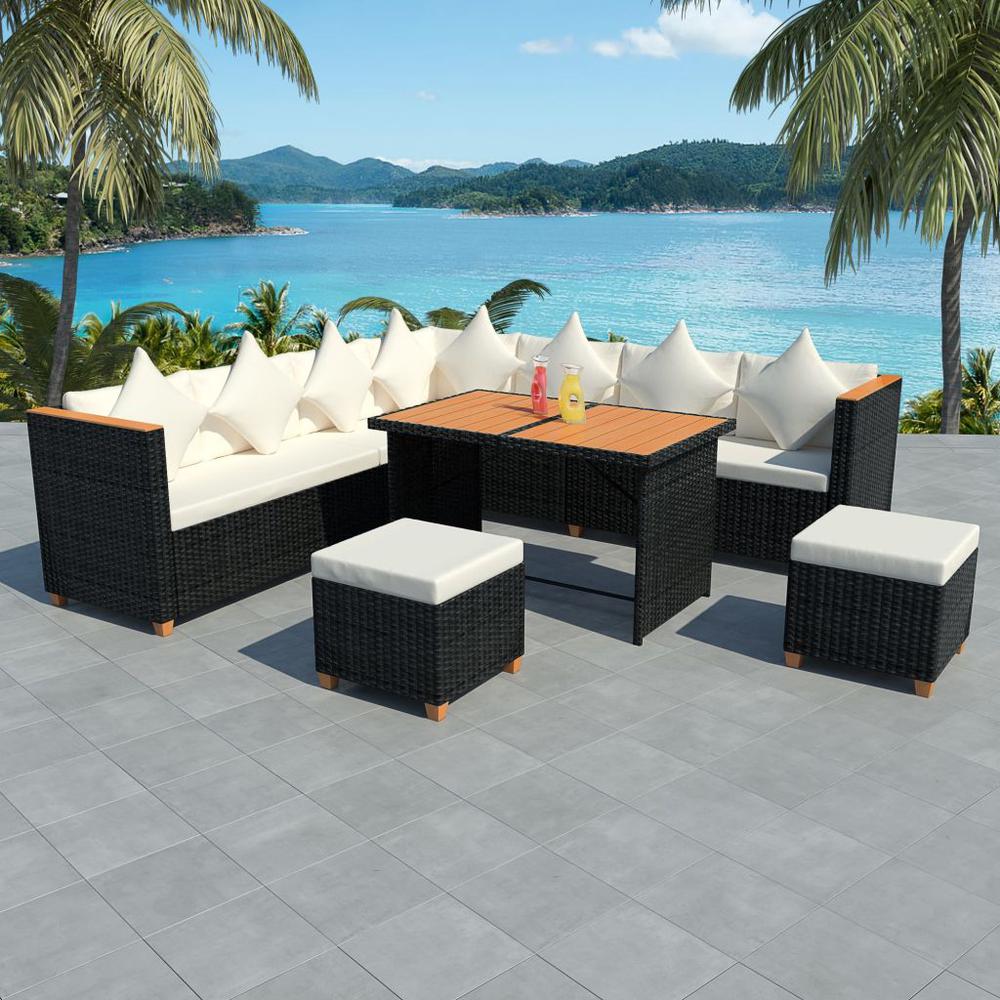 vidaXL 7 Piece Garden Lounge Set with Cushions Poly Rattan Black, 43001. Picture 1