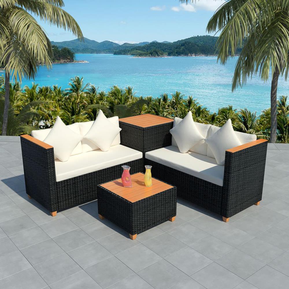 vidaXL 4 Piece Garden Lounge Set with Cushions Poly Rattan Black, 43003. Picture 1