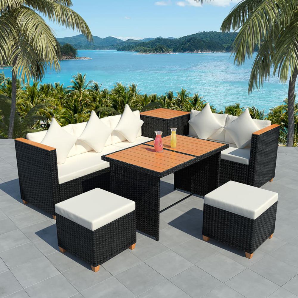 vidaXL 7 Piece Garden Lounge Set with Cushions Poly Rattan Black, 43004. Picture 1
