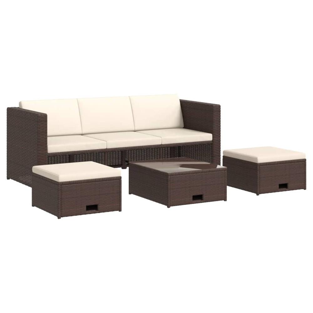 4 Piece Patio Lounge Set with Cushions Poly Rattan Brown. Picture 1