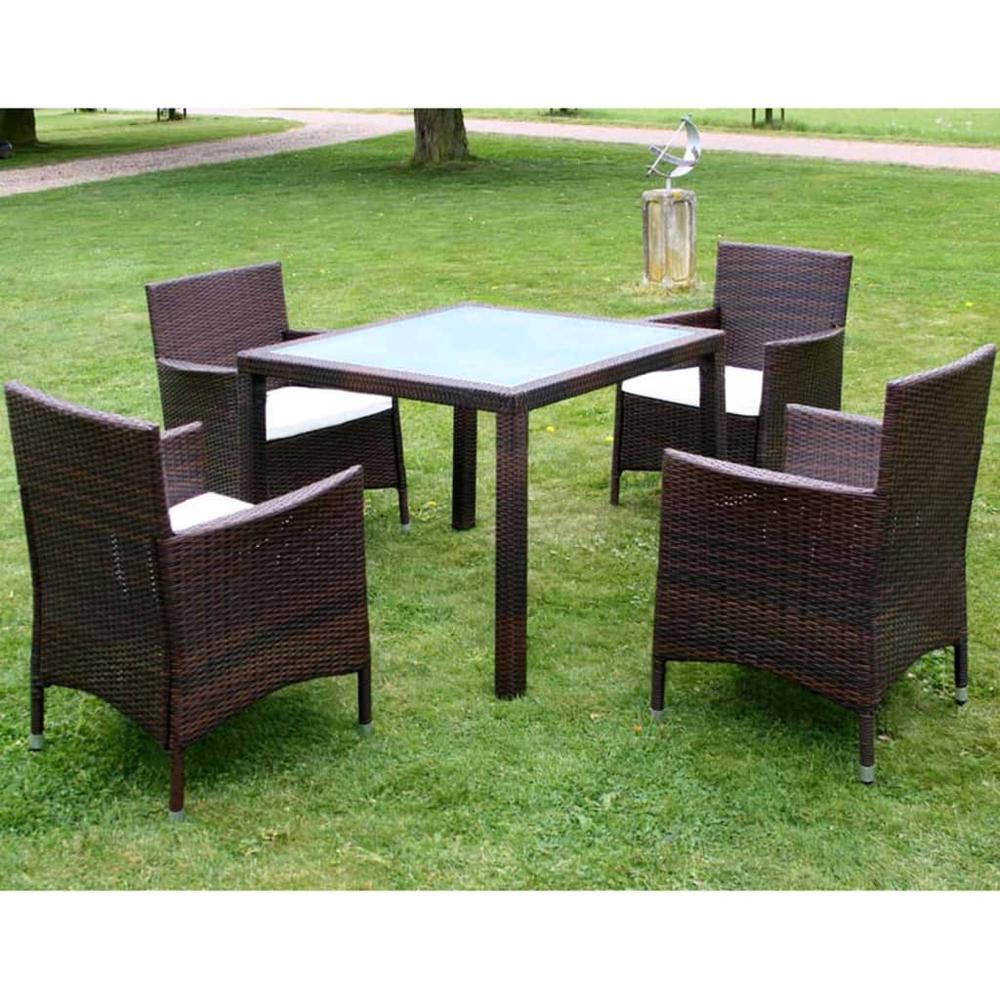 5 Piece Patio Dining Set with Cushions Poly Rattan Brown. Picture 11