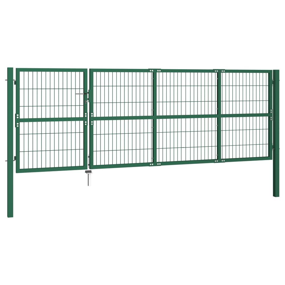 Garden Fence Gate with Posts 137.8"x47.2" Steel Green. Picture 1