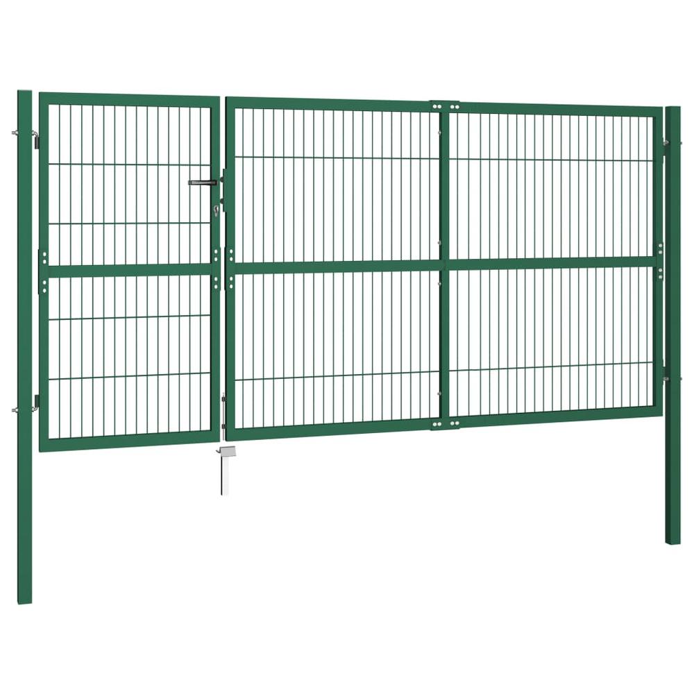 Garden Fence Gate with Posts 137.8"x55.1" Steel Green. Picture 1