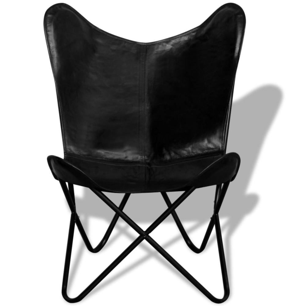 vidaXL Butterfly Chair Black Real Leather, 243695. Picture 2