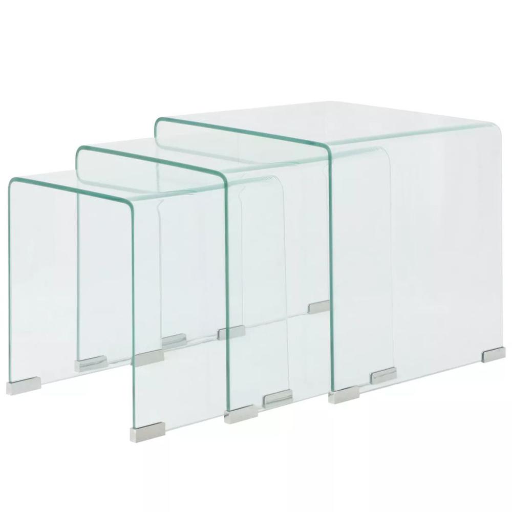 vidaXL Three Piece Nesting Table Set Tempered Glass Clear, 244190. Picture 1